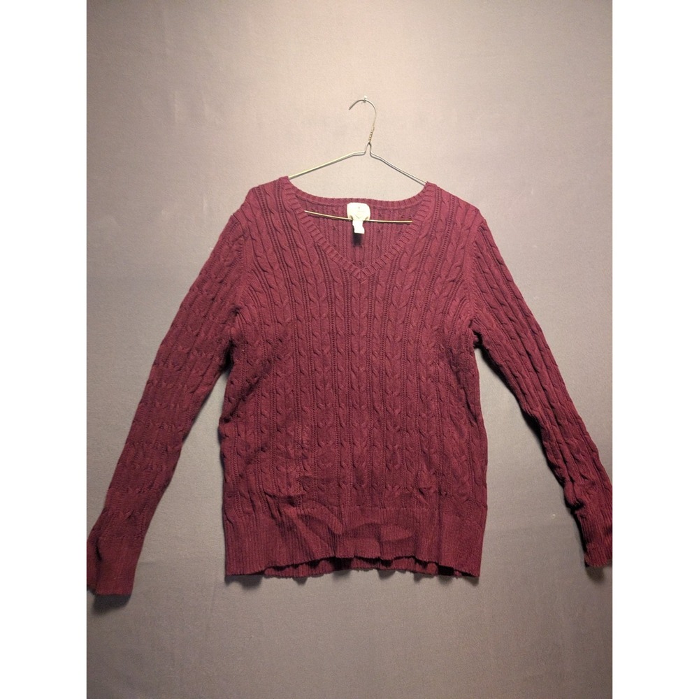 St. John's Bay Sweater Womens XL Deep Ruby Red Cable Knit Cotton Ribbed V Neck